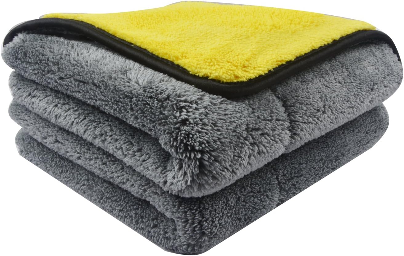 SINLAND Ultra Thick Plush Microfiber Car Cleaning Towels Buffing Cloths Super Absorbent Drying Auto Detailing Towel 1000gsm 16"x16", 2Pack(Yellow/Grey)