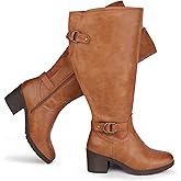 Chicblooms Women's Extra Wide Calf Knee High Riding Boots with Block Heel and Decorated Double Buckle