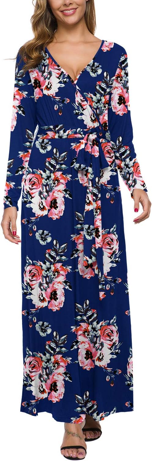 POKWAI Women Long Sleeve Maxi Dress Casual Long Dresses Fall Dresses Bohemian Printed Dresses