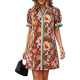 Wenrine Womens Summer Mini Dresses Casual Floral Puff Short Sleeve V Neck Button Down Ruffle Beach Sundress with Pockets
