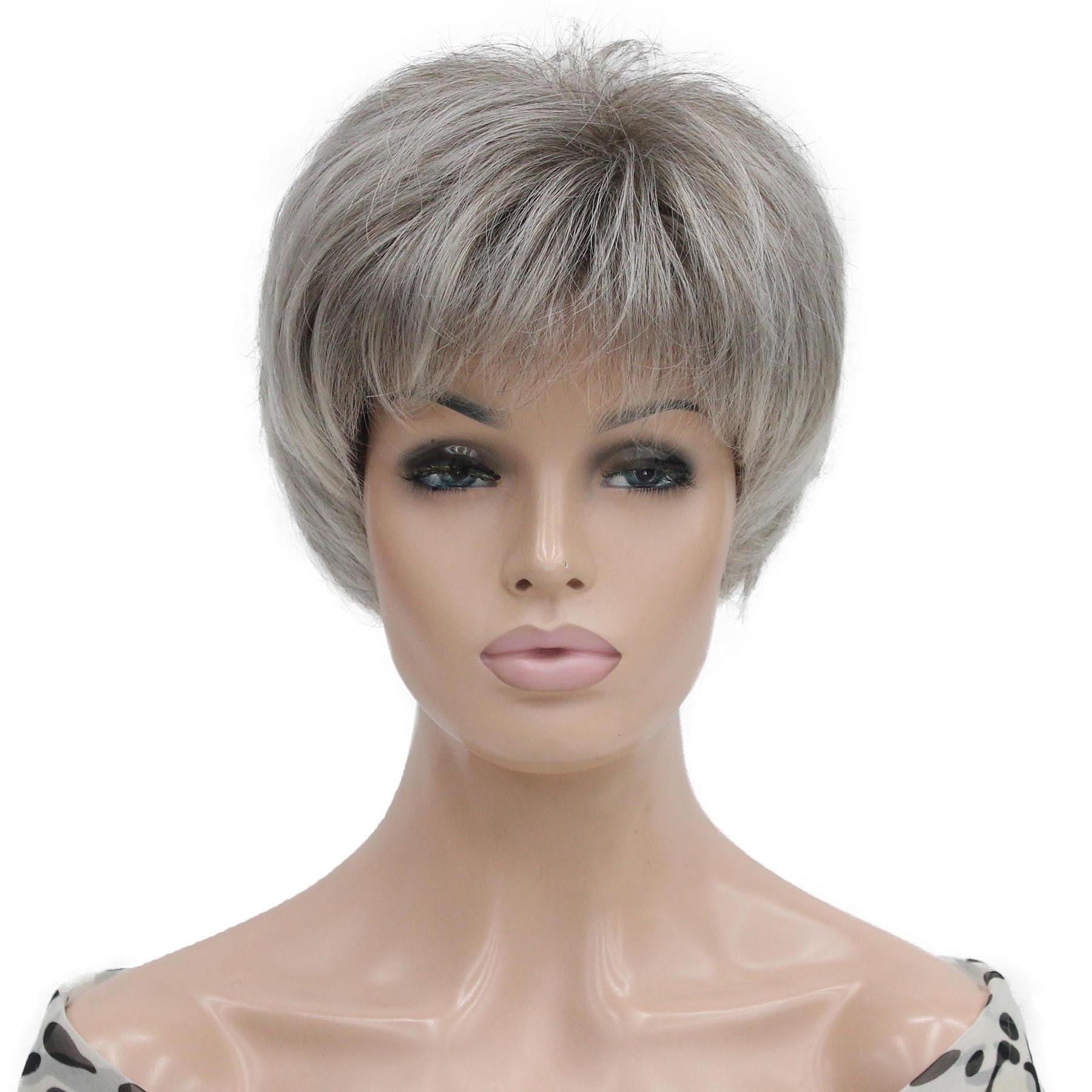 Lydell 6-8" Straight Short Bob Wig Layered Shaggy Flat Bangs Heat Resistant Synthetic Wigs 48T Light Gray with Dark Root