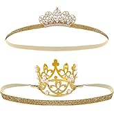 DatingShiny 2PCS Gold Tiara Glitter Baby Crown Headband Crystal Crown Hair Belt for Little Girl Infant Princess Tiaras Birthday Elastic Hair Band for Photography Headband Props