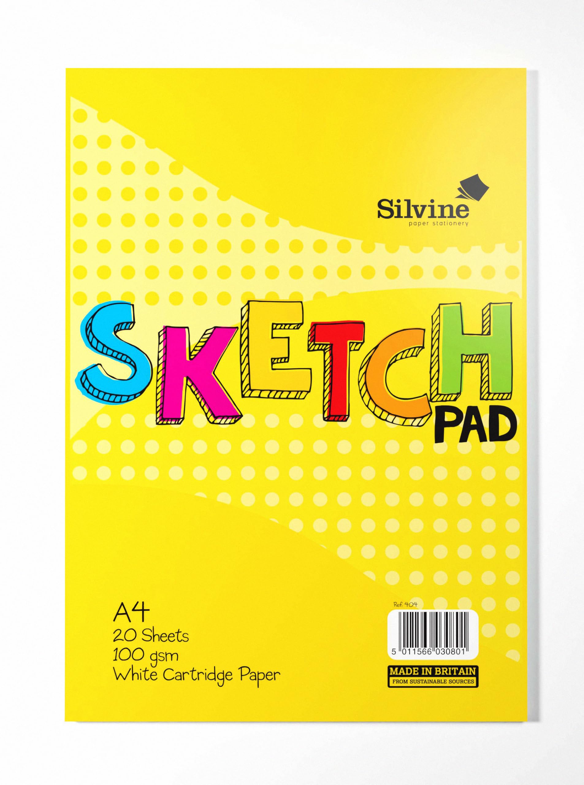 Silvine A4 Portrait Sketch Pad - 20 Sheets of 100gsm Smooth White Cartridge Paper (297 x 210mm), 404