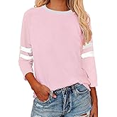 Womens 3/4 Sleeve Fashion Crewneck Tops Patchwork Blouse Casual Loose Comfy Shirt