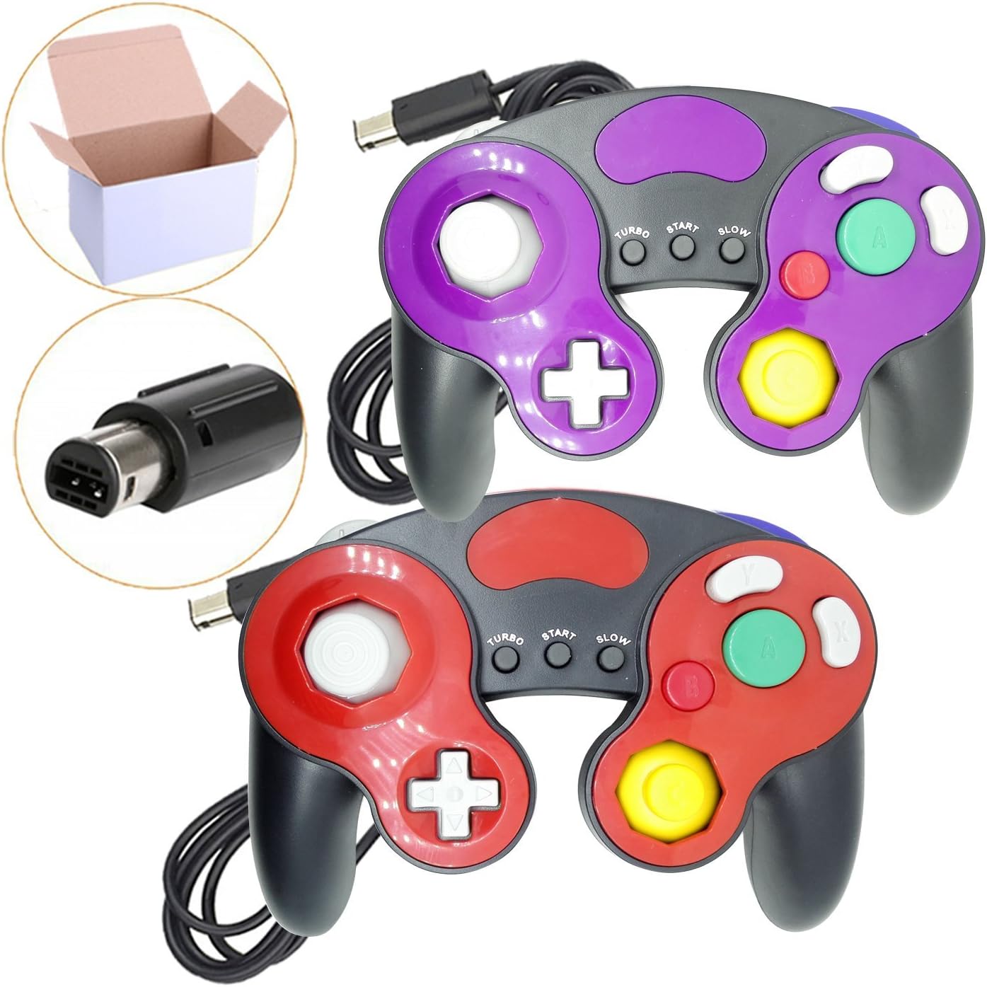 Poulep 2 Packs Classic Wired Gamepad Controllers for Wii Game Cube Gamecube Console (Red2 and Purple2)
