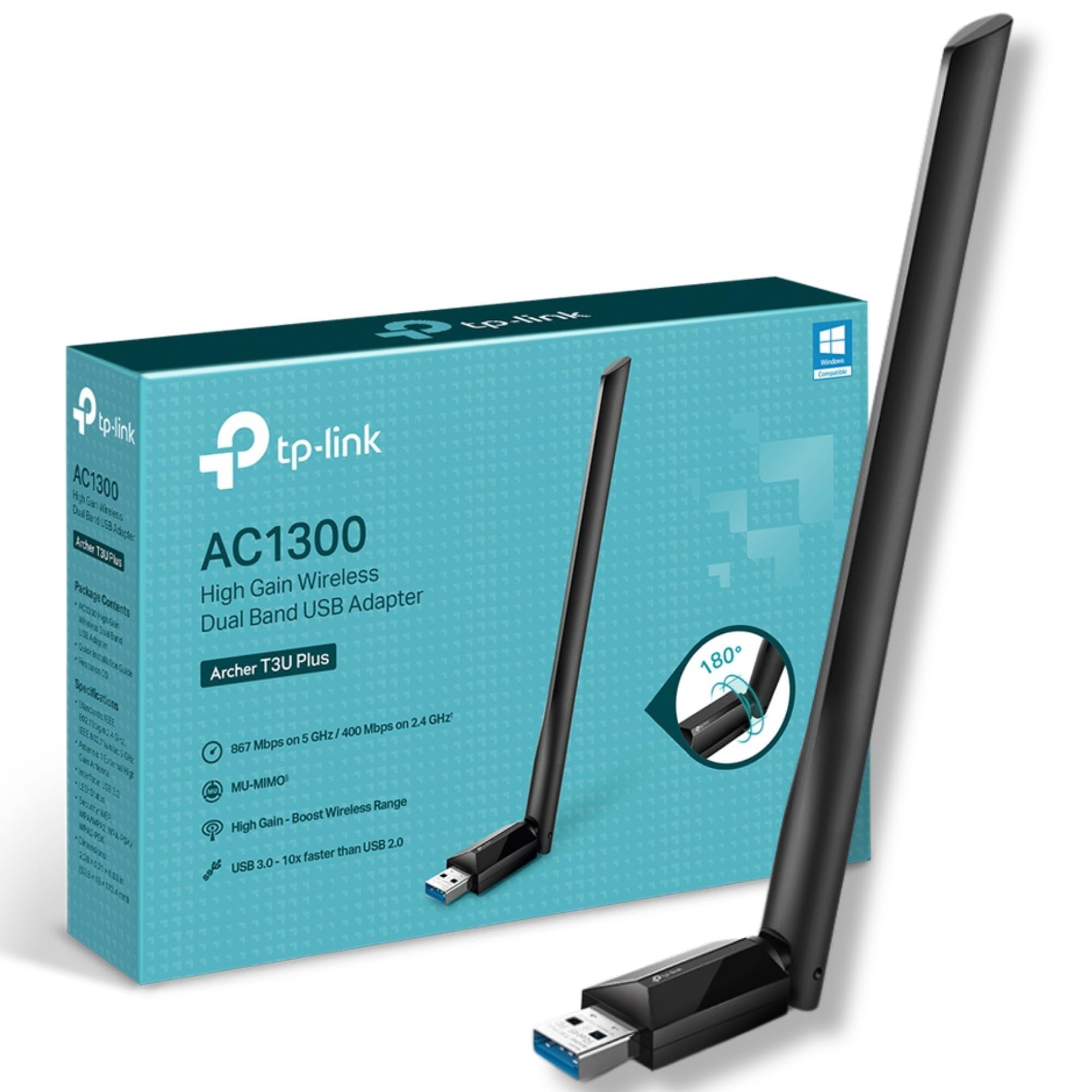 TP-Link Archer T3U Plus AC1300 USB WiFi Adapter for PC, Dual Band 3.0 USB WiFi Dongle for PC, Adjustable Two High-Gain Antennas Built in One, MU-MIMO, Windows 11/10/8.1/8/7XP, Mac OS, Easy Setup