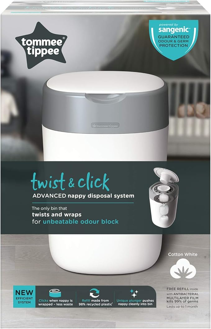 tommee tippee twist & click advanced nappy disposal bin system white
