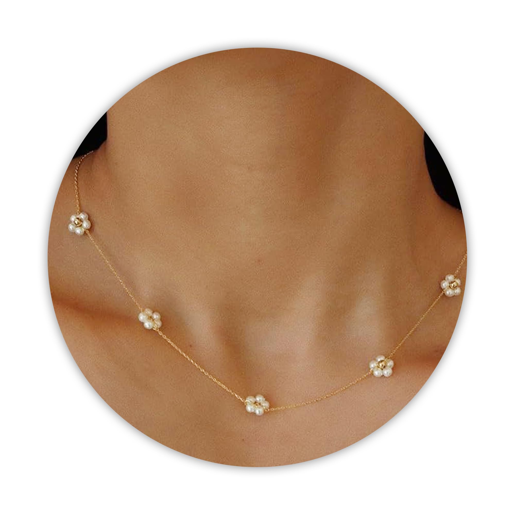 Photo 1 of SmileBelle Daisy Pearl Necklace, Dainty Pearls Choker Necklaces for Women's Pearl Strand Necklaces as Flower Gifts, 18K Gold Plated Stainless Steel Summer Merch for Teens Her Daisy Costume Gift