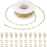 Pandahall 16.4 Ft 18K Gold Plated Paperclip Chains Stainless Steel Chains 6.5x3x0.5mm Gold Jewelry Chains Kits with Lobster Clasps Jump Rings for DIY Bracelet Necklace Jewelry Making
