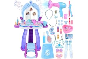 FHOZGECY Princess Vanity for Toddlers Girls 3-5 Years Old, Kids Vanity Table and Chair Set with Magic Mirror Light Music, Toddler Makeup Dresser Set, Interactive Pretend Play Dress Up Beauty Salon Toys Gifts