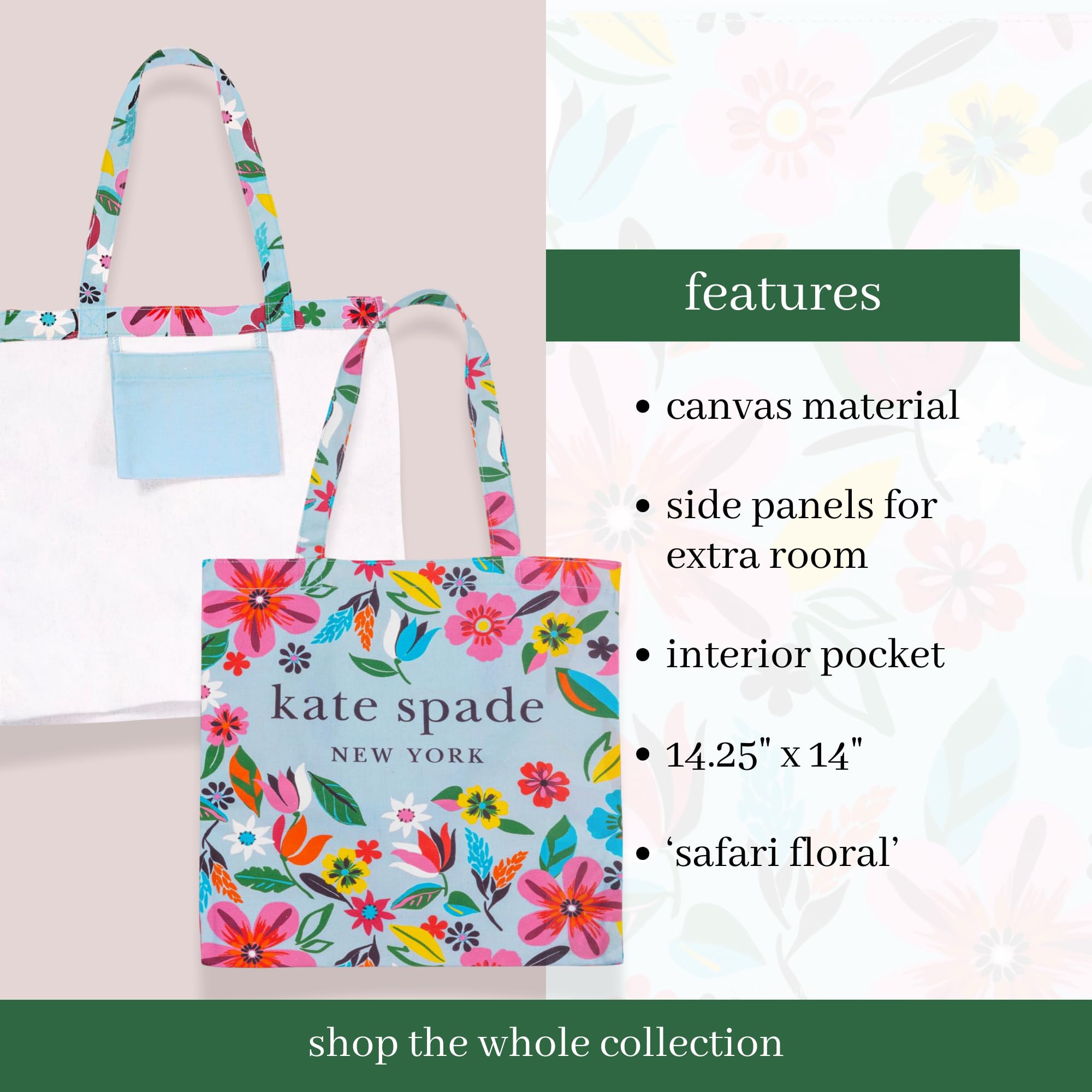 kate spade new york Cute Canvas Tote Bag for Women, Canvas Beach Bag, Book Tote with Pocket, Safari Floral