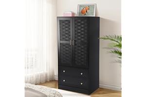 LEVNARY Armoire Wardrobe Closet with 2 Woven Doors, Wardrobe Cabinet with 2 Storage Drawers and Hanging Rail, Freestanding Wooden Closet for Bedroom (Black)