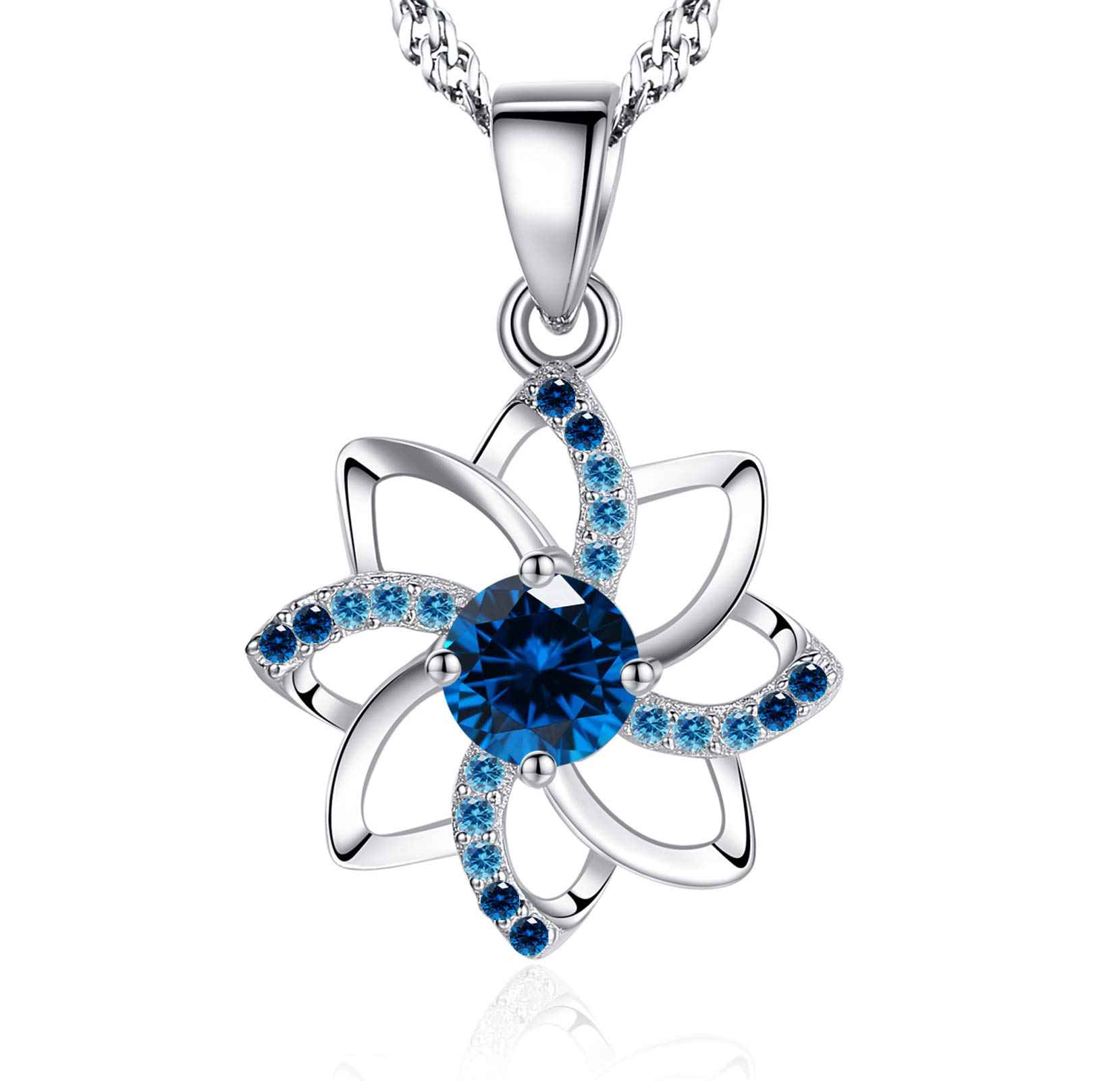 Sunnyshopday 925 Sterling Silver,Diamond Love and Flower Pendant.18 inches,Prince of Wales Chain,Diamond Cut Twist Curb Necklace Chain Women Girls Jewelery Box (Silver001) (4.Blue Diamond Flower)