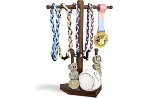 ERTIUANIO Wooden Baseball or Softball Drip Necklace and Ring Display Holder with Medal Hanger，Championship Ring & Baseball Trophy Organizer, Base for Displaying Baseball, Ideal Gift for Athletes