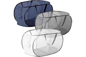 TurhAn 3 Piece Pop Up Folding Reinforced Laundry Baskets, 2 Compartments Collapsible Mesh Laundry Hamper with Pockets, Convenient for Storage and Organization of Clothes(3 color)