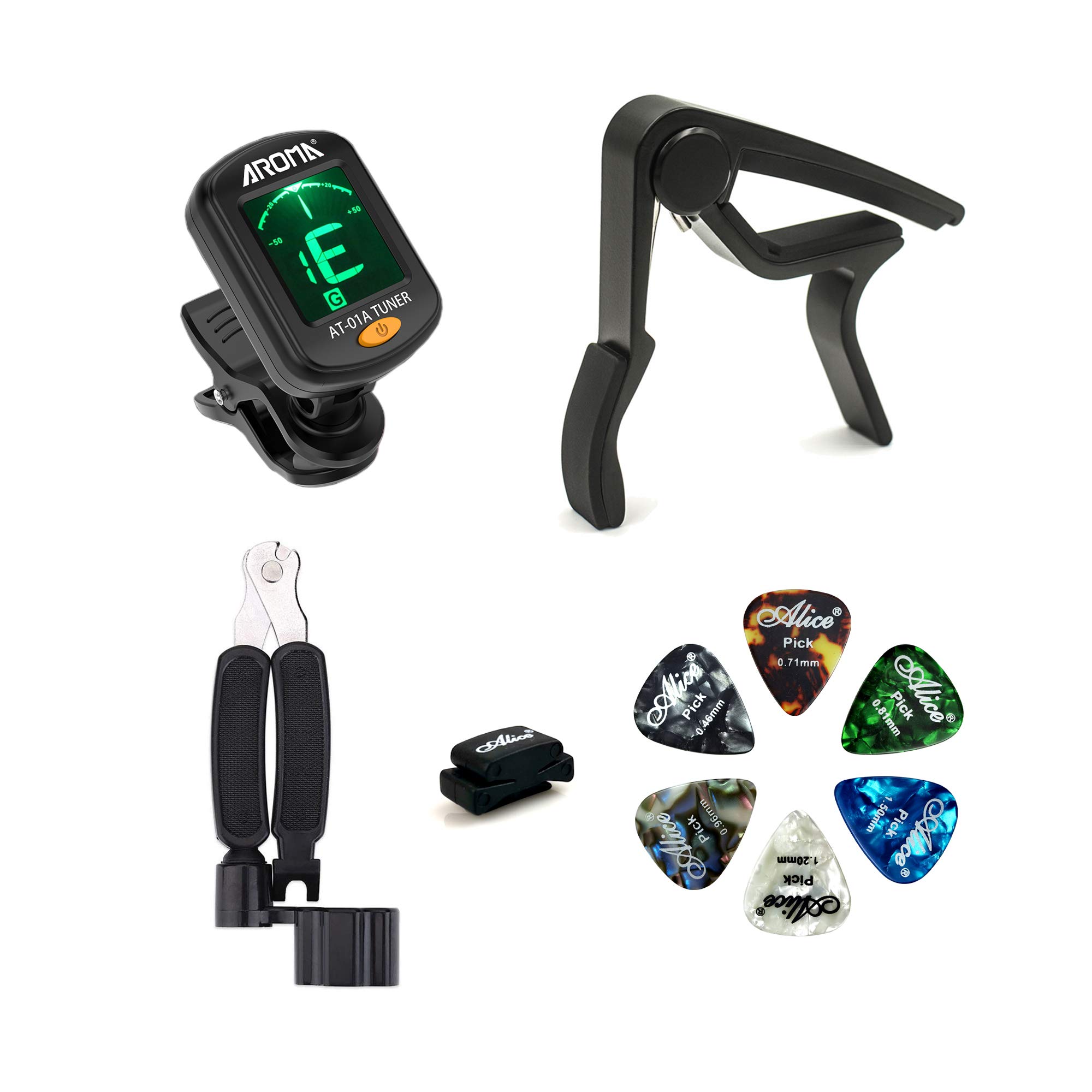 Guitar Tuner And Guitar Capo kit,Meeland Mini Clip-on Tuner for Guitar/Bass/Ukulele/Violin，Guitar Capo(Black Colour) ，6 Picks ，String Winder,Gift，Present