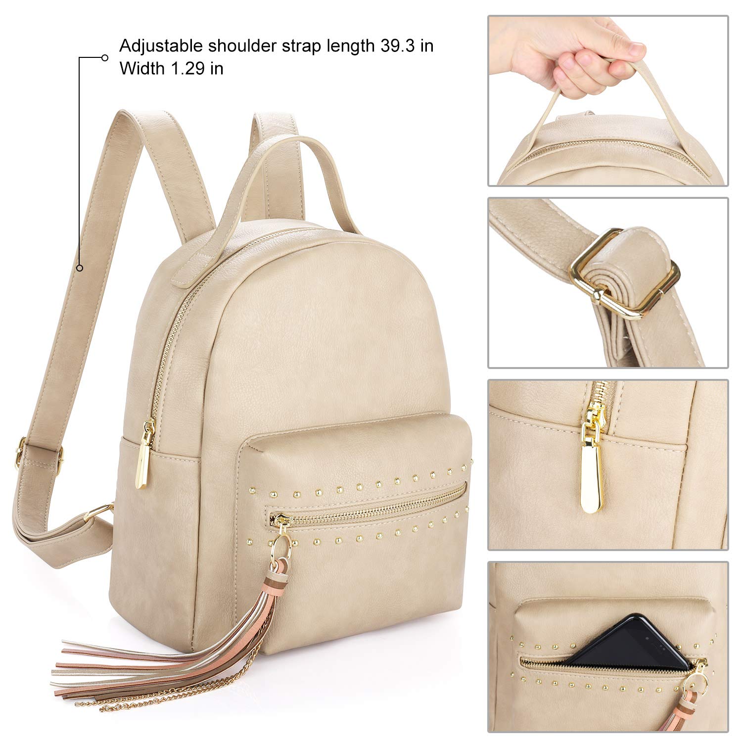 Backpack Purse for Women, Manificent Small PU Leather Backpack for Women Fashion Waterproof Cute Purse Backpack with Tassel, Dark Beige