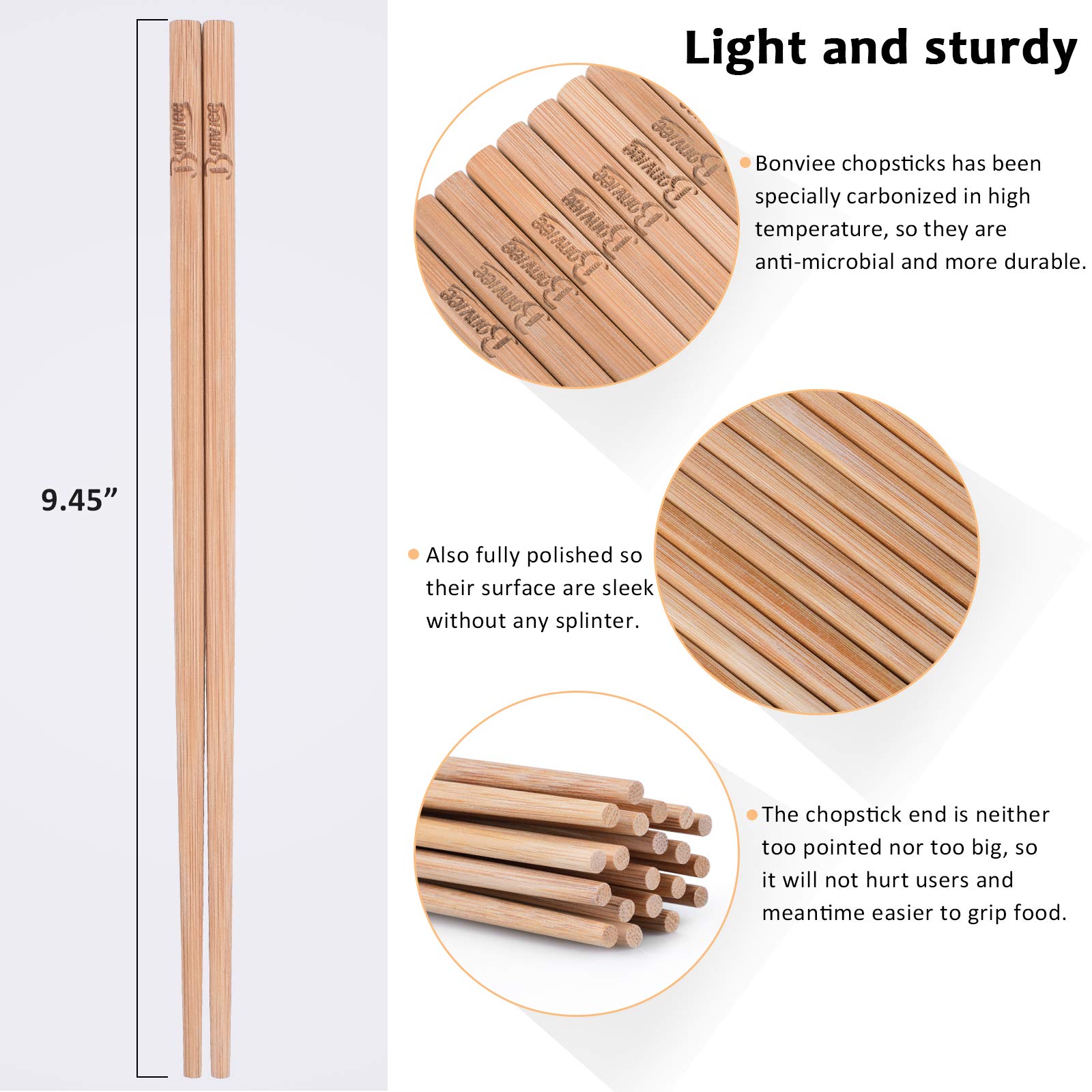 Bonviee Bamboo Chopsticks Reusable Japanese Chopsticks Set 9.45\