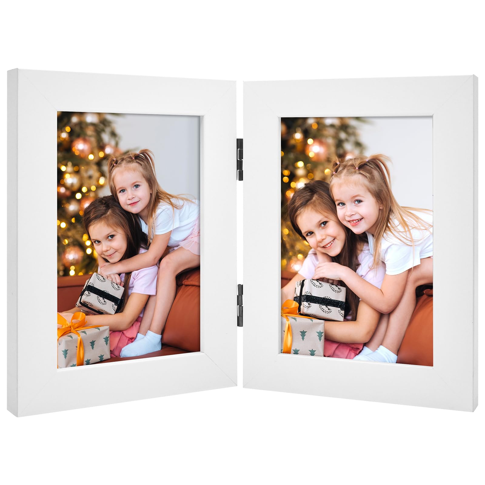 Frametory, 4x6 Double Picture Frame - Real Glass Hinged 2 Photos Collage, Desktop Picture Frame Standing Vertical (White, 1 Pack)