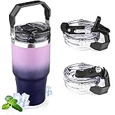 20oz Tumbler with Handle and Flip Straw Lid Double Wall Insulated Travel Coffee Mug Stainless Steel Vacuum Coffee Tumbler Cup for Hot and Cold Drinks Leak-proof&BPA-free（20oz,Light purple Navy blue）