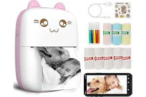 Mini Printer Portable, Inkless Sticker printer with 8 Rolls Paper, Bluetooth Wireless mini thermal printer Compatible with iO