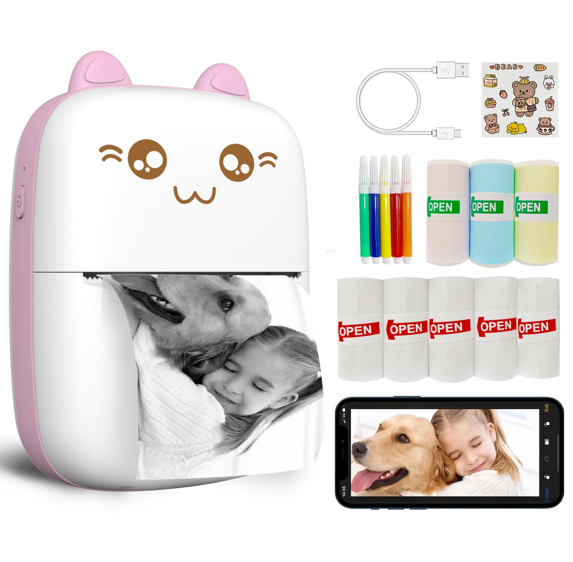 Photo 1 of Mini Printer Portable, Inkless Sticker printer with 8 Rolls Paper, Bluetooth Wireless mini thermal printer Compatible with iOS + Android for Journal, Memo, Photo, Print Pod Gifts for Girls Kids (Pink)