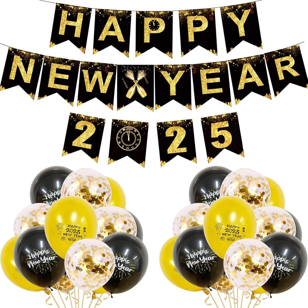XNBTFK New Year 2025 Decorations Set, Black Gold Banner & Balloons
