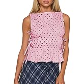 Women Polka Dot Boat Neck Crop Tank Top Sleeveless Split Tie Side Rushed Loose Fit Summer Vest Tops Streetwear