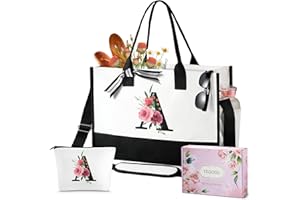 TRSODD Birthday Gifts for Women Initial Can-vas Tote Bag with Adjustable Shoulder Strap and Makeup Bag Mothers Day Gifts for Mom Wife Grandma Daughter Sister A