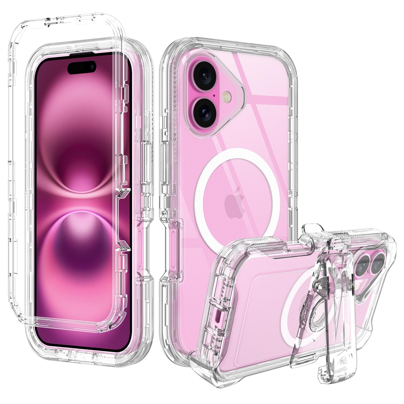 I-HONVA for iPhone 16 Case Clear [Non Yellowing] [Compatible with MagSafe] Shockproof 3-Layer Full Body Protection Rugged Heavy Duty Cover Case for Apple iPhone 16 6.1",Clear/Clear