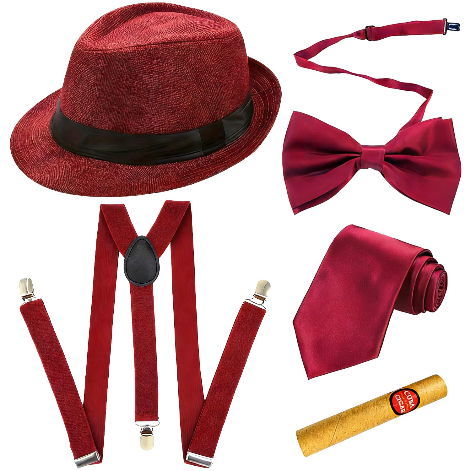 HAJXXMM 1920s Mens Costume Accessories, Roaring Retro 20s Gangster Costume Outfit with Hat, Bow, Tie, Suspenders, Cigarette, Costume for 1920's Fancy Dress Up Film Party（Burgundy）