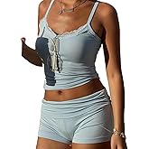 XBTCLXEBCO Women Sexy 2 Piece Pajama Set Sleeveless Lace Trim Crop Cami Top and Shorts Pj Set Y2K Sleepwear Lounge Outfits