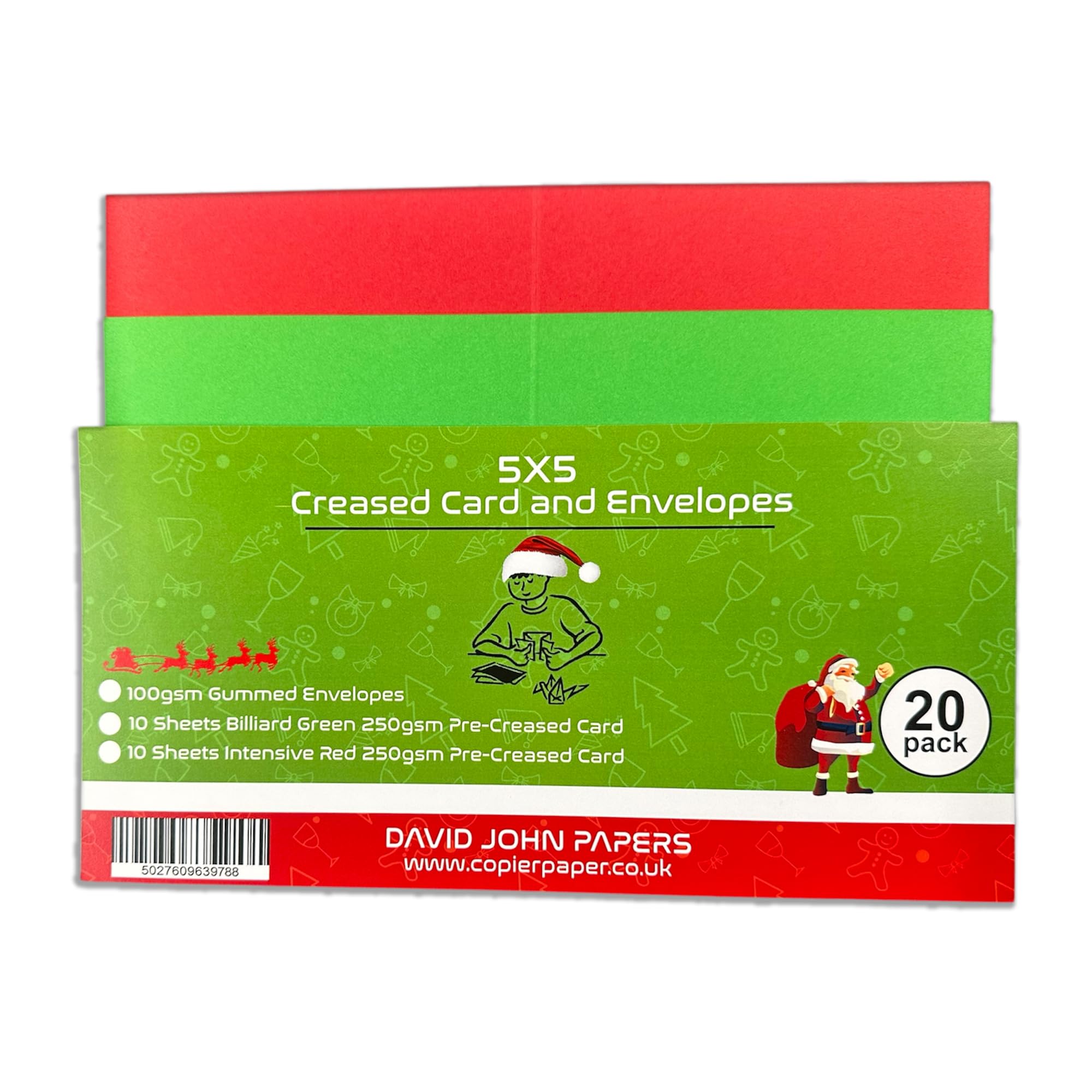 DJP 5x5 Square Creased Blank Christmas Green & Red Smooth Cards & White Envelopes - Pack of 20