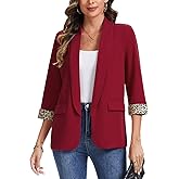 MINTLIMIT Women Casual 3/4 Sleeve Leopard Cuff Blazers Open Front Shoulder Pad Blazer Shawl Collar Office Jacket Pockets