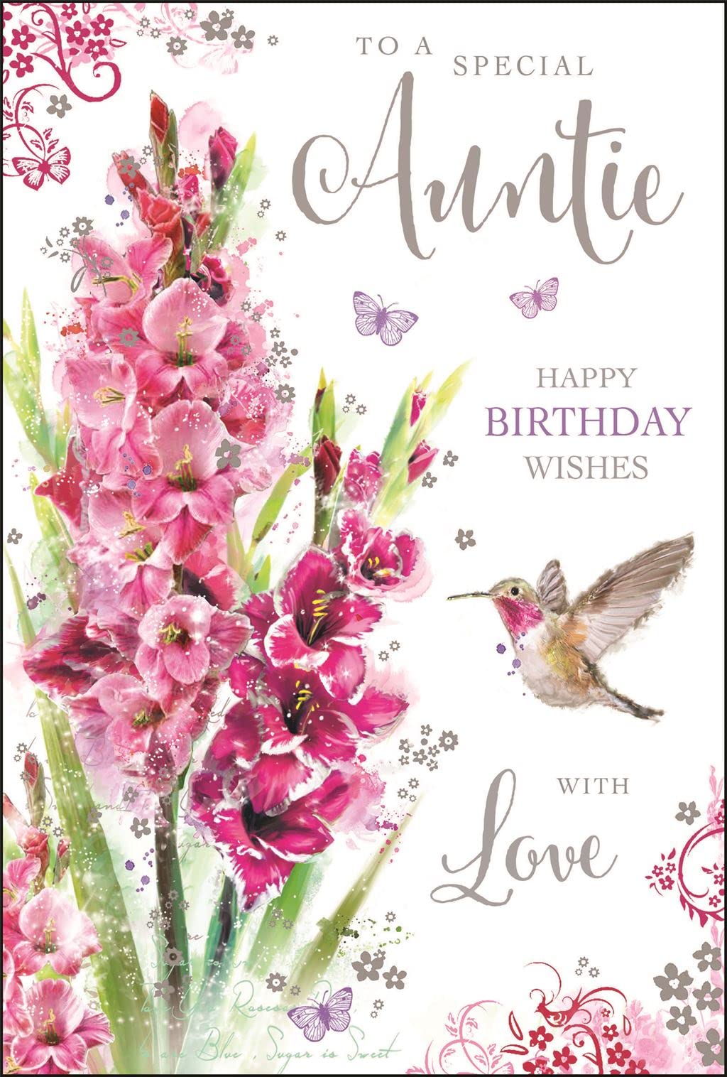Artistic Female Birthday Card (JJ-SG87) - Special Auntie - Pink Flowers - Foil and Flitter Finish - Secret Garden Range