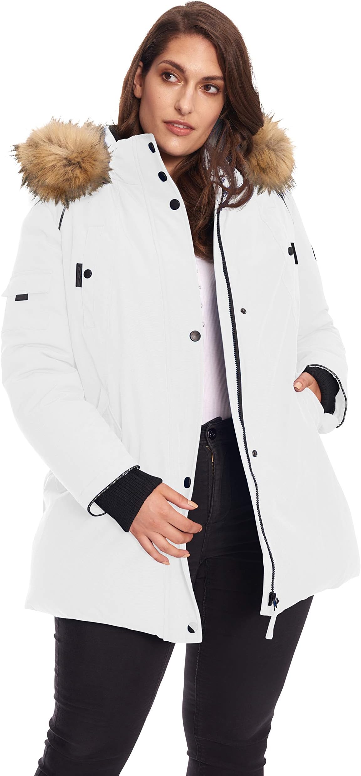 Alpine North Women’s Plus Vegan Down Mid Length Parka Jacket with Faux Fur Hood