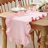 Windkream Pink Ruffled Table Runner 72", Solid Color | Cotton Ruffle Edges, Farmhouse Tabletop Decor, Gingham Style Tablecloth, Wedding Bride Shower Birthday Party Holiday