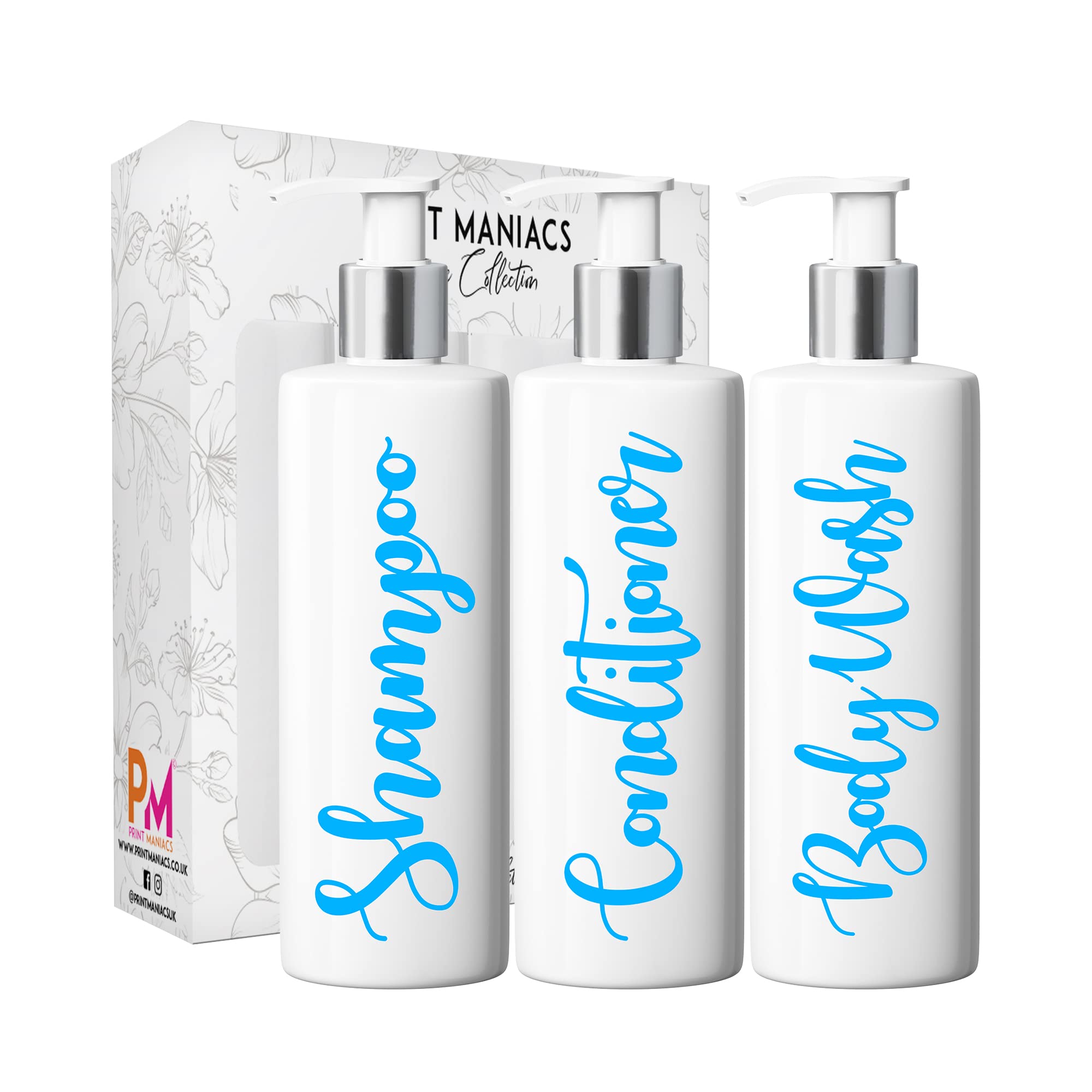Print Maniacs 3 Set Mrs Hinch Inspired White Personalised Dispenser Pump Bottles Shampoo Conditioner Body Wash (Baby Blue)