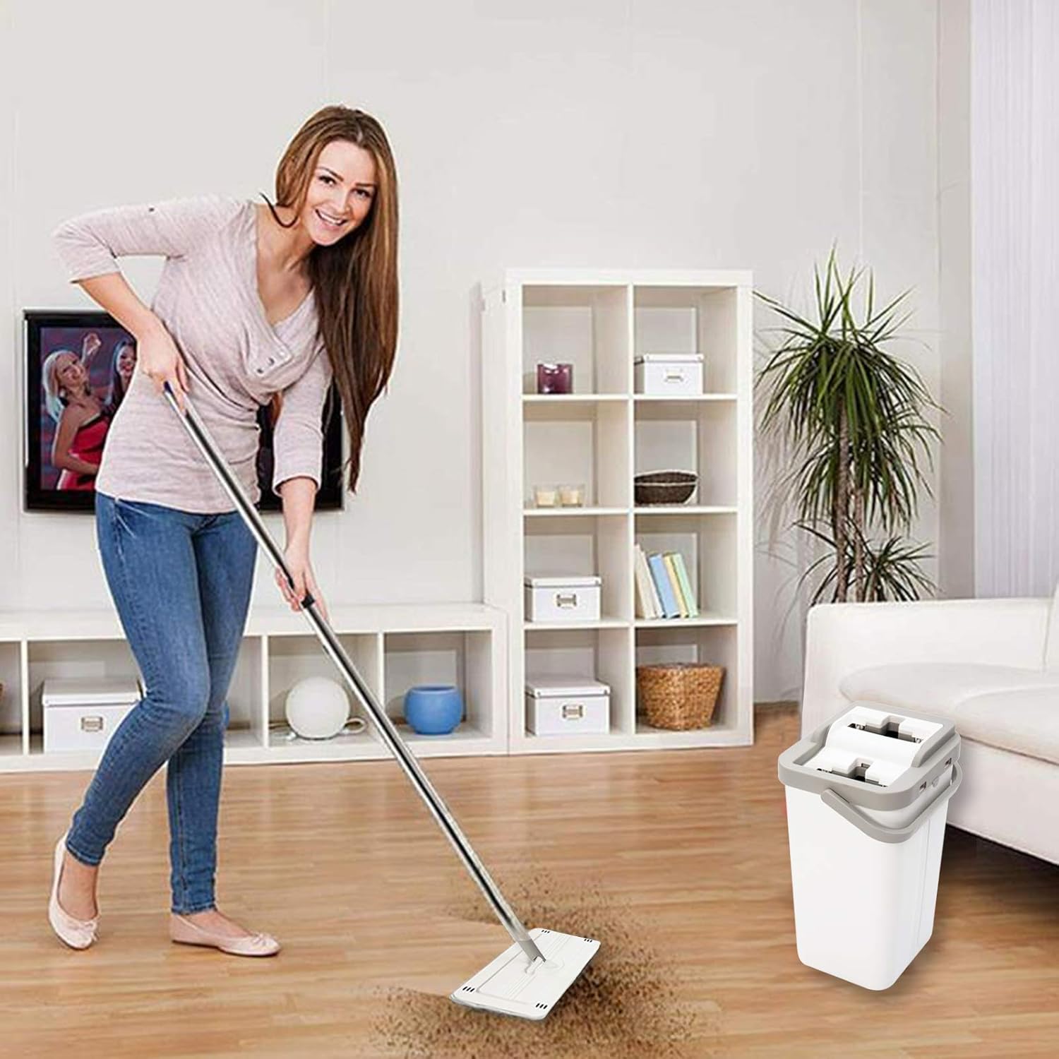 HTKMOS Mop Bucket with Wringer for Wood Floor Cleaning Supplies Set and Cleaning Squeeze Hand Free Floor Mop with 4 Washable & Reusable Microfiber Pads: Kitchen & Dining