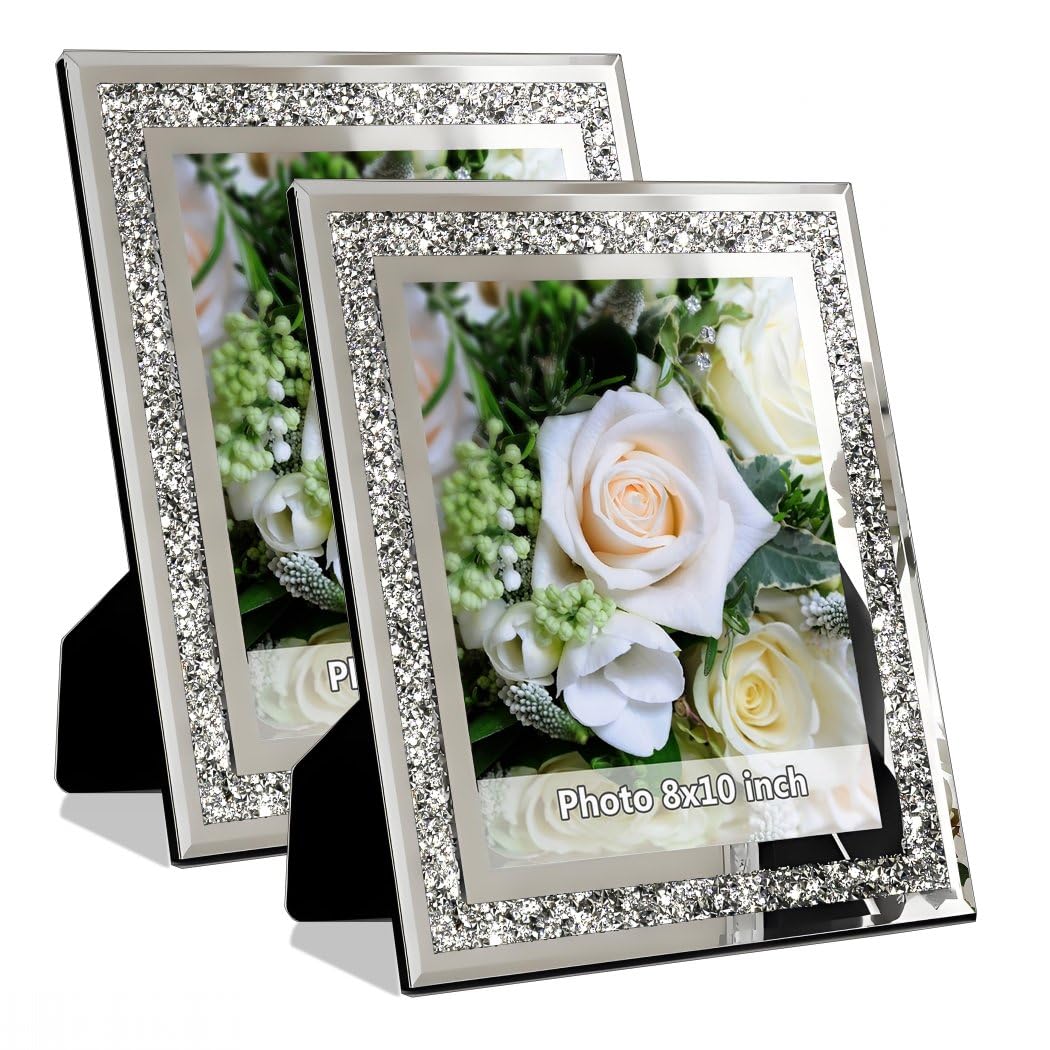 Crushed Diamond Wedding Mirror Photo Frame, Crystal Silver Glass Picture Frame For Photograph Size 8x10 inch, Pack of 2 Pieces, table top Stand frame & Wall Frame. Bling Sparkle Crushed Diamond Home