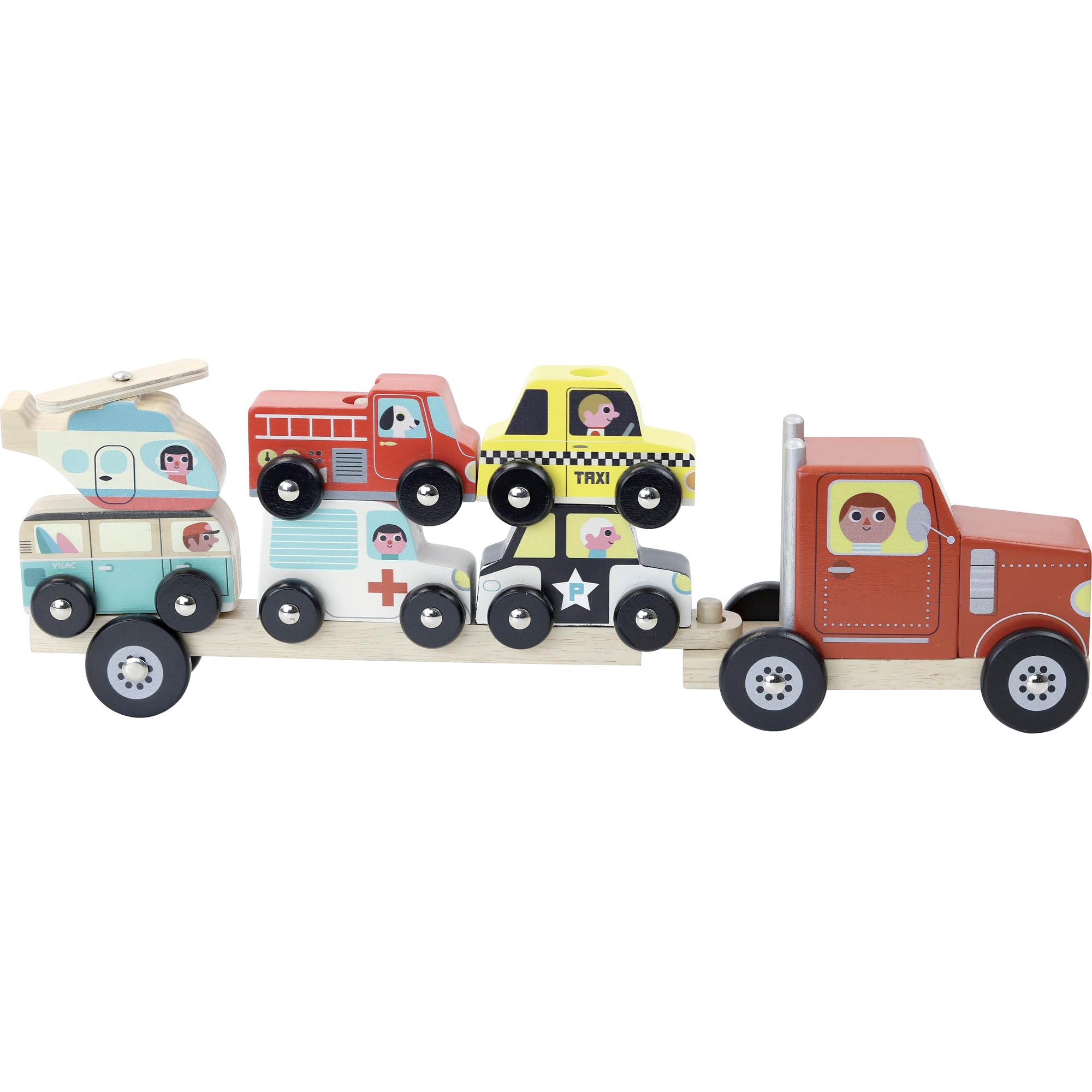 Vilac Truck and Trailer with Vehicles Stacking Game, Wooden Vehicle Toy, Montessori Toy, Suitable for 2+ Years, Multicoloured
