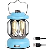 SEAMAGIC Rechargeable LED Camping Lanterns, Vintage Camping Lights Battery Operated, Portable Retro Metal Glamping Lights for Hiking, Hurricane, Decoration, Power outages, Blue, 1 Pack