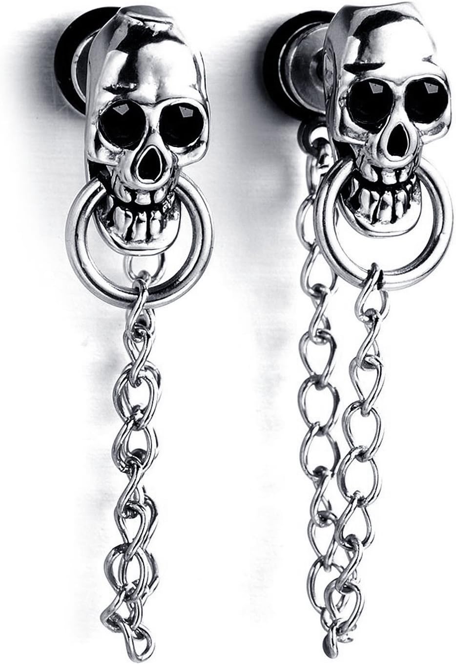 Stainless Steel Stud Earring Mens Womens Gothic Skull Drop Dangle Chain Cubic Zirconia Silver Colour with 1X Gift Pouth