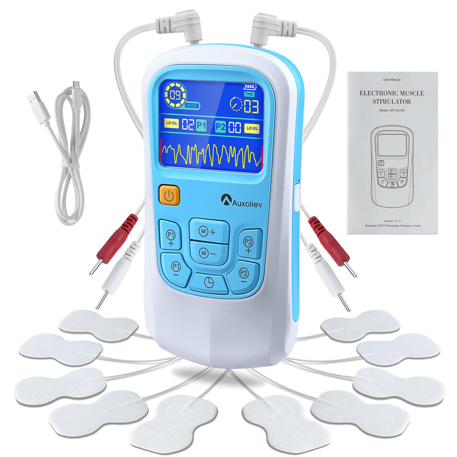 Auxoliev Dual Channel TENS Machine for Pain Relief with 10 Electrode Pads，TENS EMS Muscle Stimulator with 25 Modes 50 Intensity Levels ，Rechargeable TENS Unit for Back，Shoulder，Knee，Period Pain