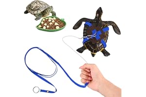 Berlune 2 Pieces Turtle Leash with Reptile Water Bowl Leash Leather Harness Strap for Tortoise Turtle Tank Accessories Turtle Leash and Harness Leaf Reptile Food and Water Bowl (Blue,Large)