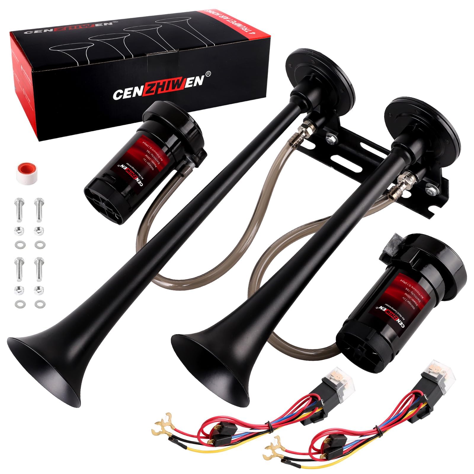 Photo 1 of Cenzhiwen Dual Trumpet Metal Air Horn for truck Kit with 2-120 PSI Compressors - 12V 150dB Loud is suitable for pickup/motorhome/SUV/truck/train Boat - Complete and other vehicles(2 speakers)