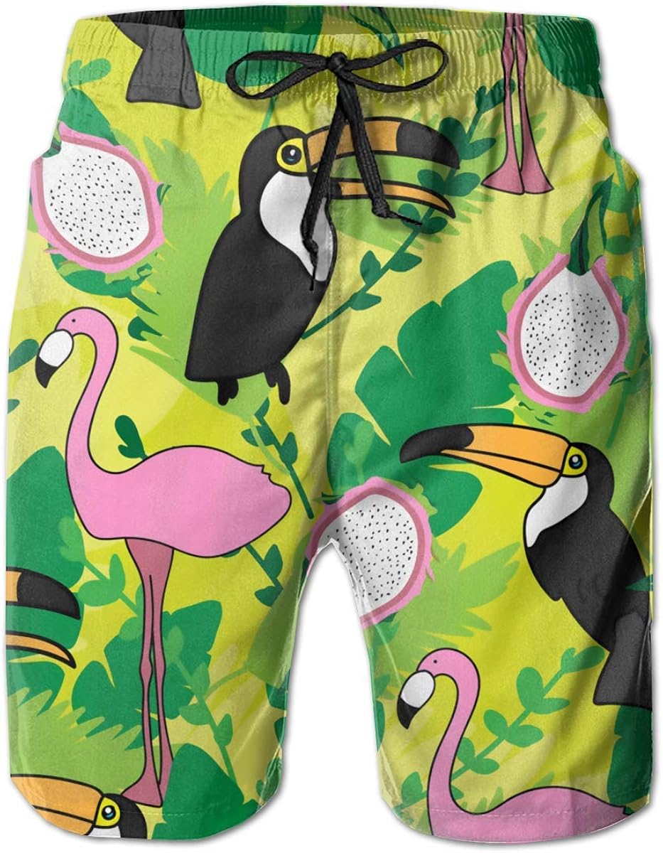 huibe Men's Swim Trunks Pink Flamingos Toucan Surfing Beach Board