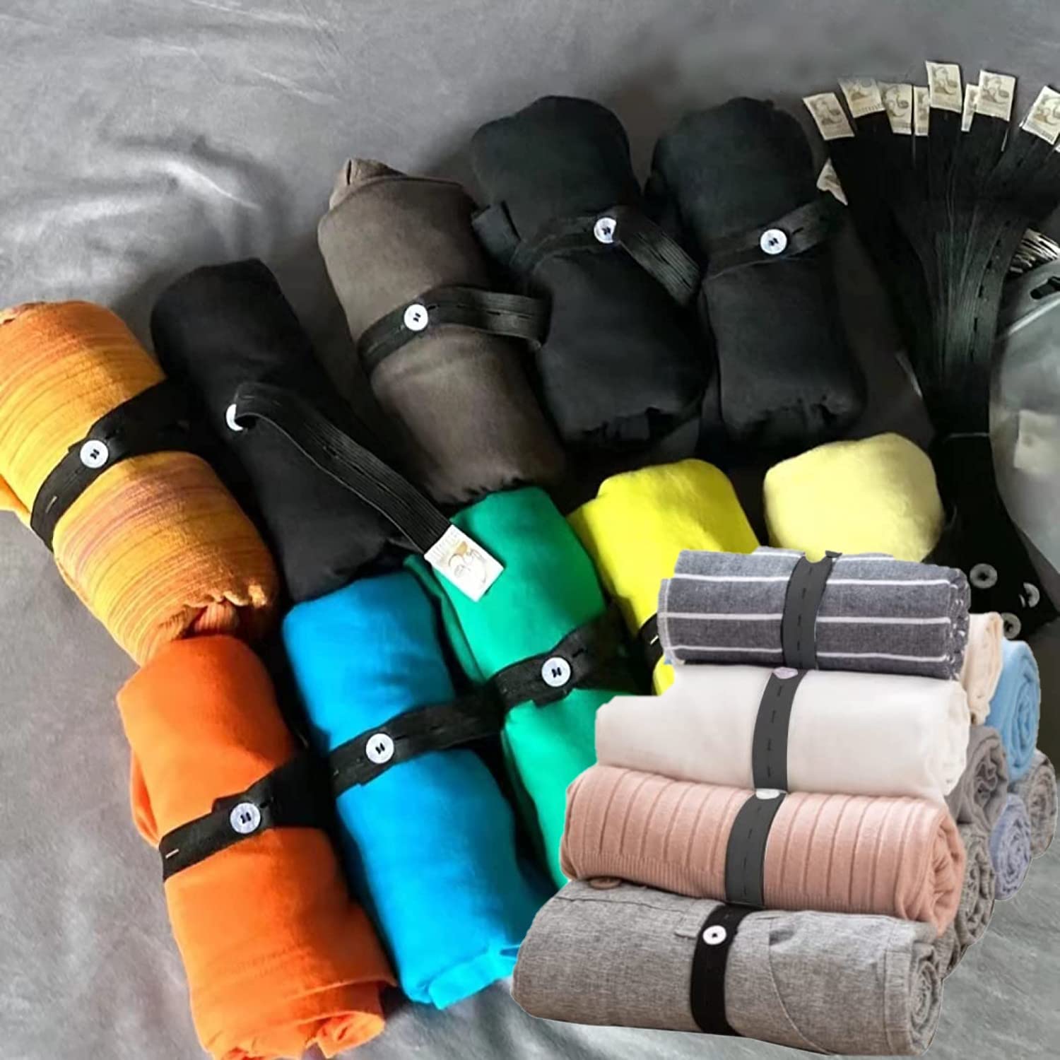 Photo 1 of 20Pcs Elastic Band with Buttonholes, Stretchable Connectable, Roll-up Clothes Storage Band, Adjustable Clothing Storage Strap with Button, Travel Luggage Space Saver, Drawer & Closet Organizer, Black