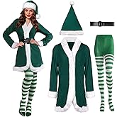 Sureio 4 Pcs Mrs Santa Claus Costume Women Christmas Dress Suit Cosplay Velvet Outfit with Belt Hat Striped Tights Elf Ears