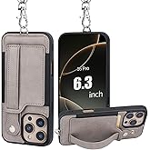 TOOVREN Phone Case Compatible with iPhone 16 Pro Wallet Case with Strap Lanyard Card Holder Case for iPhone 16 Pro Case with Wallet Leather Stand Kickstand Adjustable for Women & Men 6.3 Inch Gray